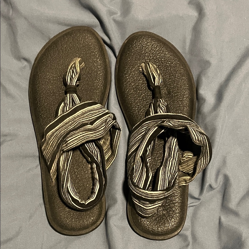 Sanuk Black and White Striped Sandals